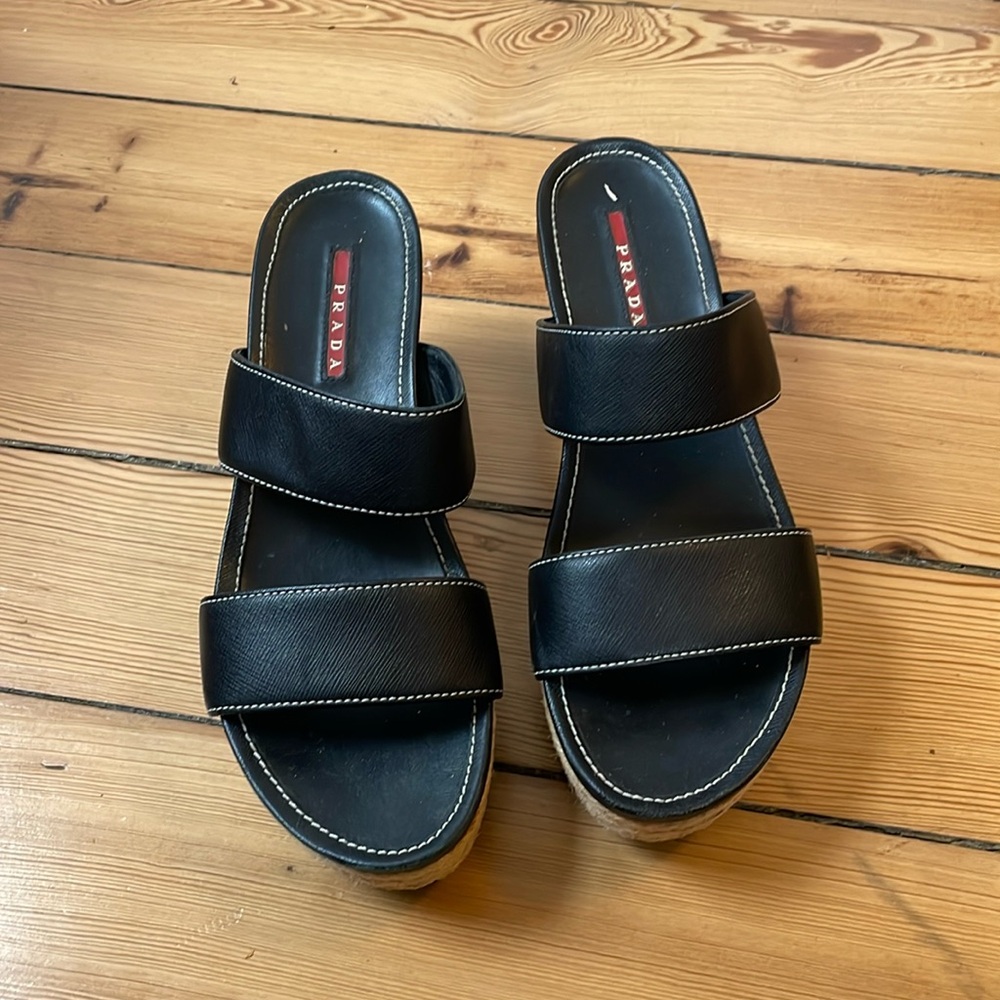 Prada Saffiano Leather Espadrille Wedge